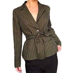 Le Suit Petite 2P Olive Pinstripe Belted Blazer NWT 90s Tailored Jacket